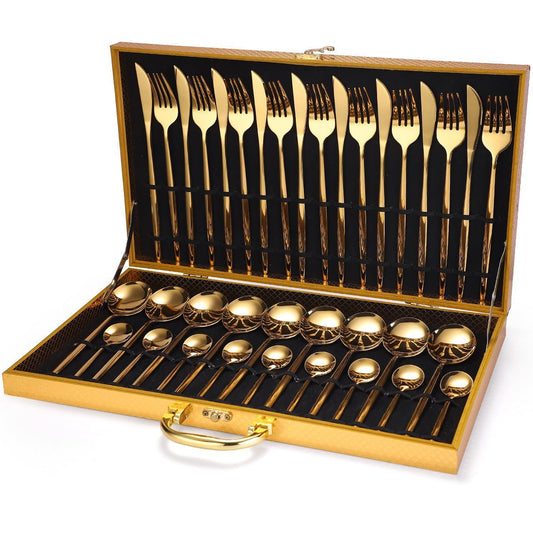 36 - piece Stainless Steel Tableware Wooden Box Gift Box Set - Ravo Store